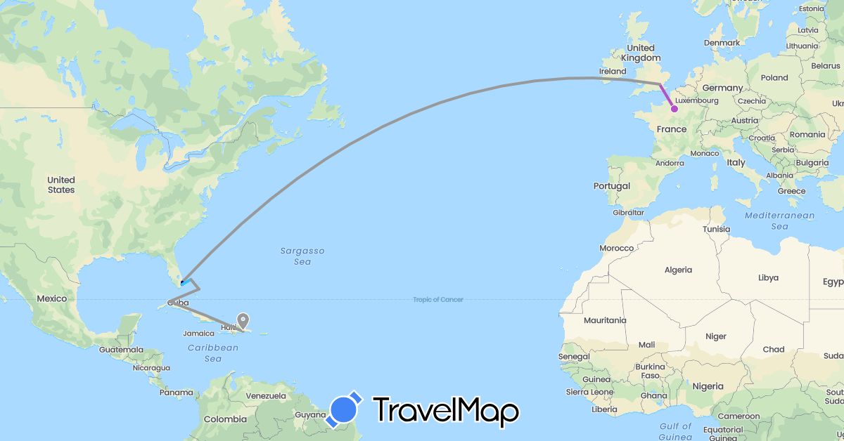 TravelMap itinerary: driving, plane, train, boat in Bahamas, Cuba, Dominican Republic, France, United Kingdom, United States (Europe, North America)